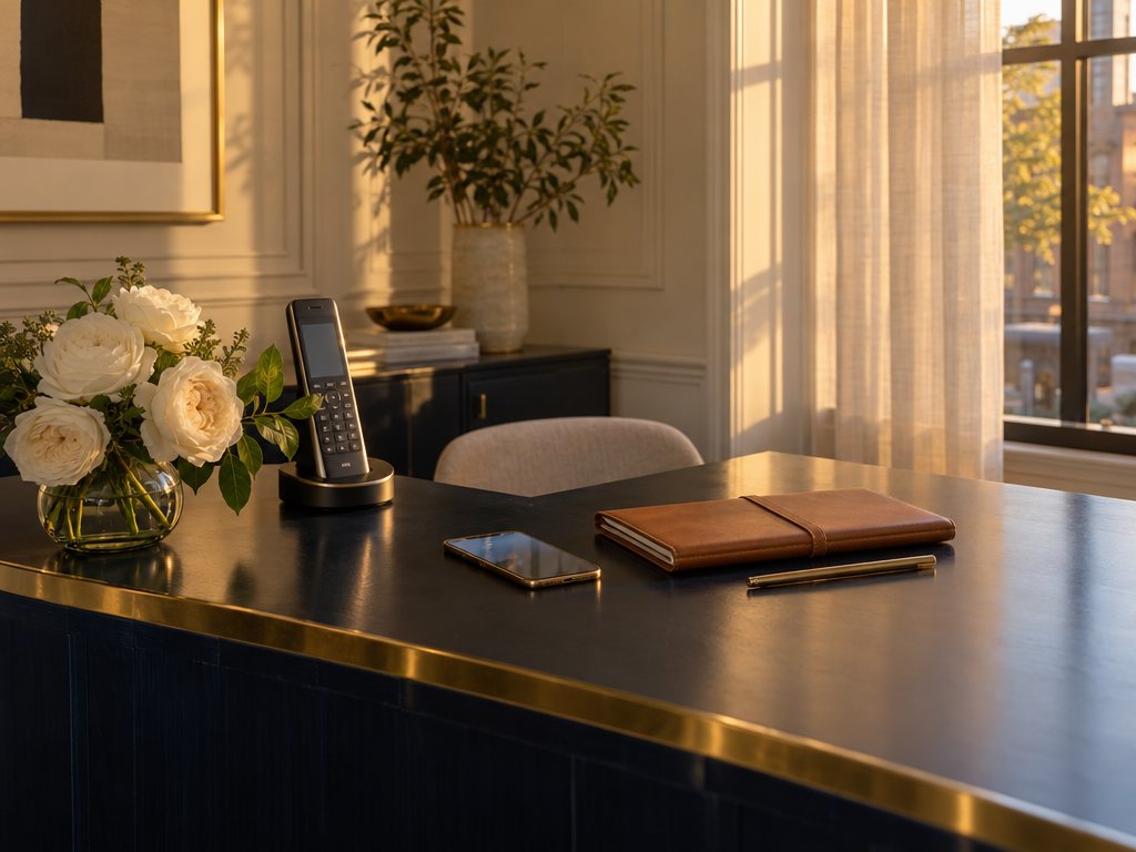 A quiet navy front desk with a phone, an appointment book and white roses in evening light