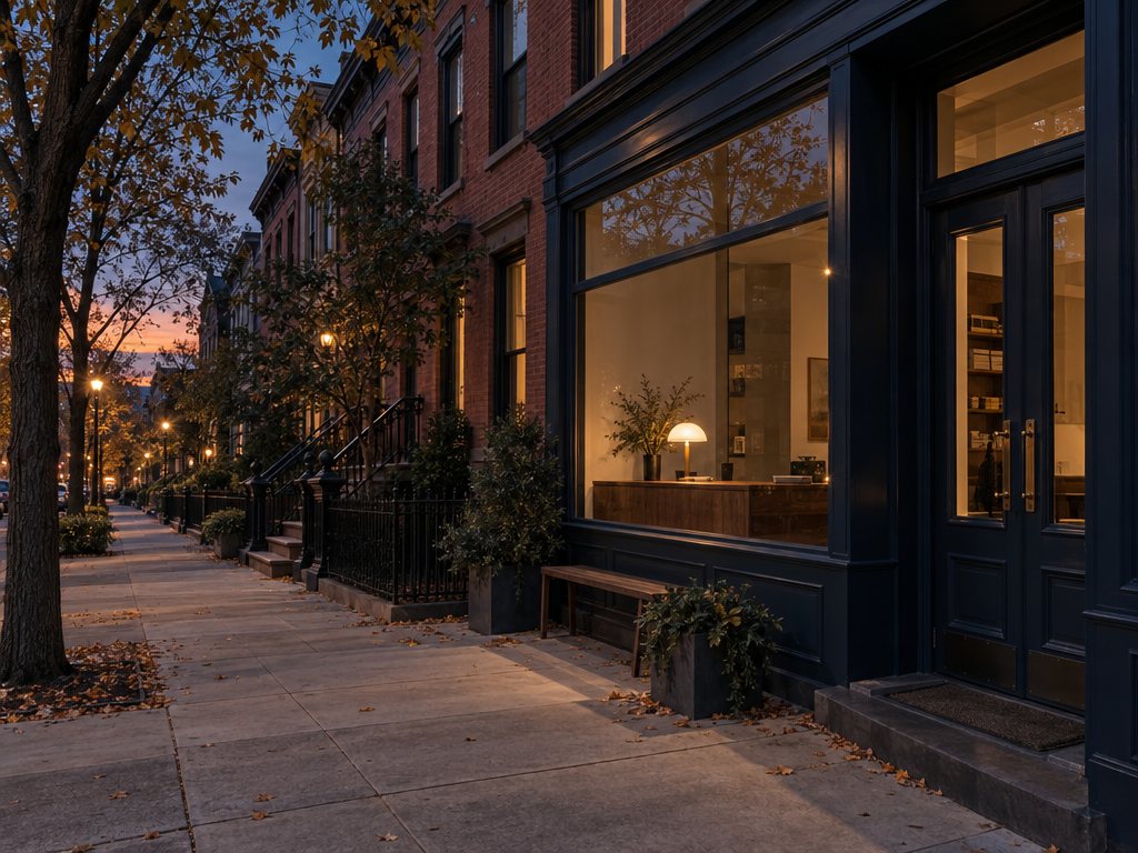 A quiet navy storefront at dusk with a single warm lamp on inside